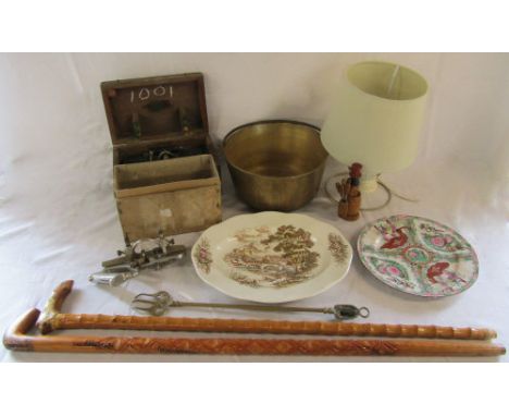 Copper jam pan, 2 walking sticks, lamp, moulding plane, surveyor's level (with tripod not shown in picture) and Wedgwood and 