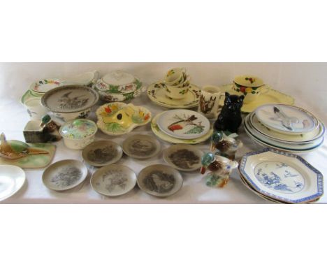 Selection of Poole pottery and Goebel bird plates, animal figurines, tureen, plates and Adams Titian ware etc