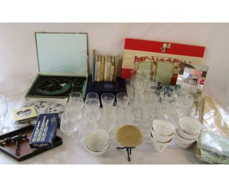 2 boxes of various glassware, photo frames, tie backs, Monopoly, greeting cards, Observer books & corkscrew etc