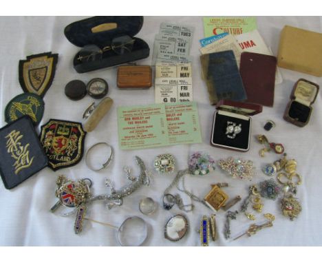 Selection of costume jewellery, glasses, silver buffer, pocket compass & concert tickets inc Bob Marley etc