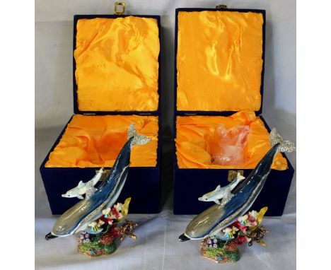Ex shop stock - 2 ornate dolphin trinket pots with presentation boxes H 20cm