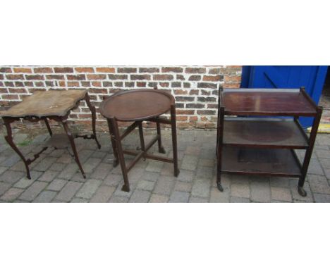 Edwardian occasional table, oak tea trolley & a round folding card table