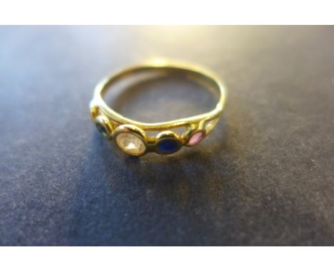 An 18ct gold five stone ring set with two amethyst, two sapphires and a central white stone, all collett set, size L, weight 