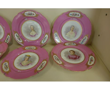 A Serves style 19th century continental dessert service decorated with a portrait of Louis XV and ladies of the court, nine p