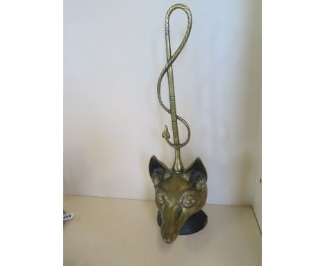 A brass foxes head, and whip door stop, 46cm tall 