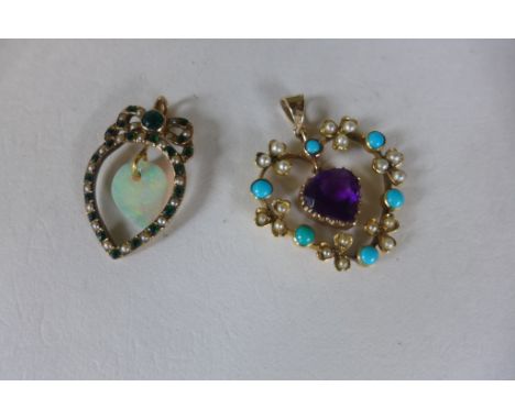 Two yellow gold pendants, one set with emeralds, pearls and an opal, the other with amethyst pearl and turquoise, total weigh