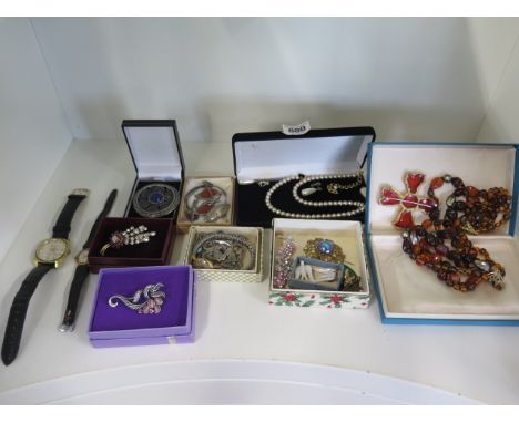 A quantity of vintage costume jewellery with a small amount of silver jewellery, mostly wearable and a gents Mudu wrist watch