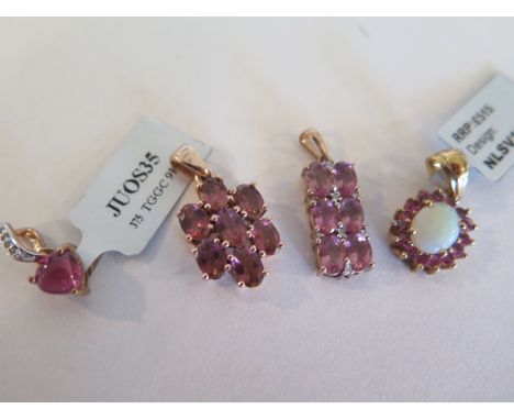 Four pink tourmaline and 9ct gold pendants, two set in rose gold, two in yellow gold, two with diamond chips, and one with a 