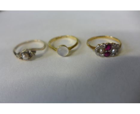 An 18ct pearl and ruby ring, size L, approx 1.4 grams, and two 9ct rings, approx 3.6 grams 