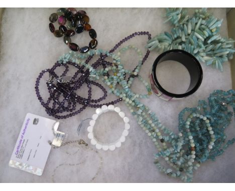 A quantity of bead necklaces, including amazonite, apazite, white diamond and amethyst, also two bracelets, as new condition 