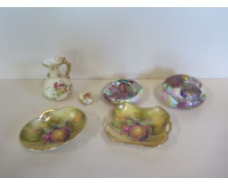 Two Royal Worcester blush pieces, a jug and small lidded pot, two Royal Winton pin dishes in the Worcester style and two Mali