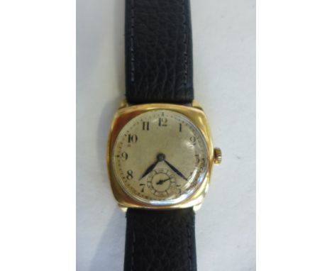 A gents 9ct gold cushion case Zenith wristwatch, circa 1930's, white dial with subsidiary seconds dial, Zenith movement Ser N