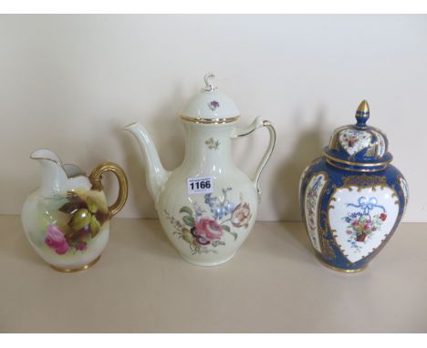 A Worcester jug, a Royal Copenhagen coffee pot and an Aynsley lidded pot, all good condition