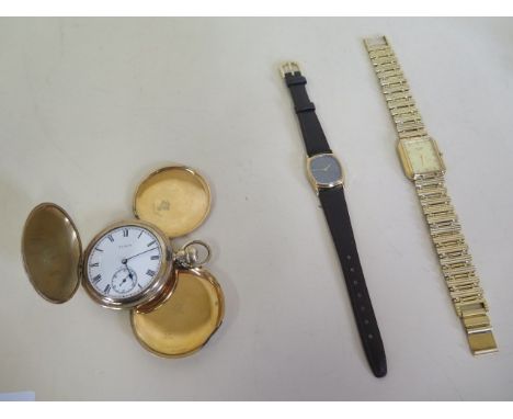 A Belovia Quartz ladies plated wristwatch, and Omega de Ville quarts button less ladies wristwatch and a broken Elgin plated 