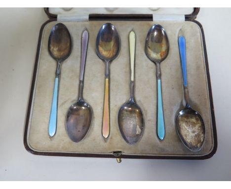 A pretty set of enameled silver coffee spoons, with engine turned decoration, hallmarked Birmingham 1929 - makers William Suc