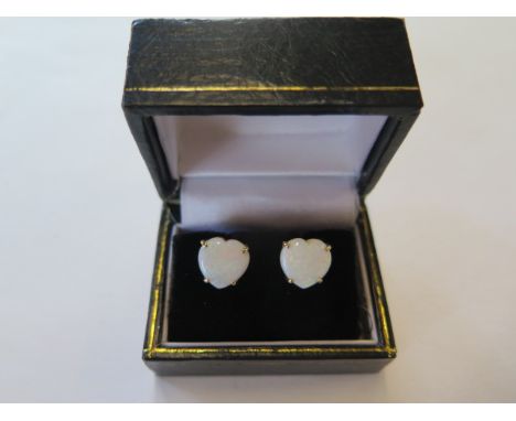 A pair of 18ct yellow gold opal heart earrings, 11mm x 10mm - in good condition 