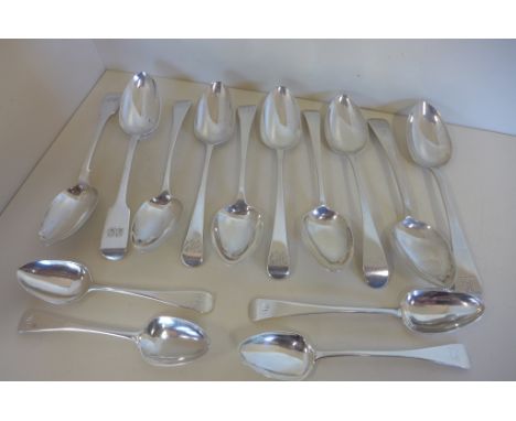 Ten Georgian tablespoons and four dessert spoons, various assay marks, Glasgow, Edinburgh, Birmingham and London, total weigh