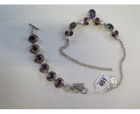 A very impressive silver amethyst, pearl and mystic quartz silver necklace, length 47cm, largest stone 24x16mm approx - and a