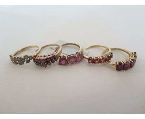 Five 9ct gold dress rings, various stones, including amethyst, sizes N to O, total weight approx 11.3 grams, all good, light 