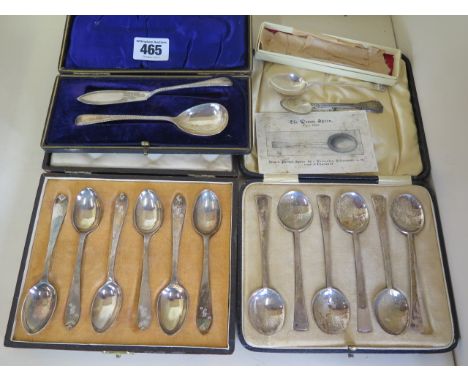 Three boxed sets of silver flatware, and two silver spoons, total silver weight approx 6 troy oz 