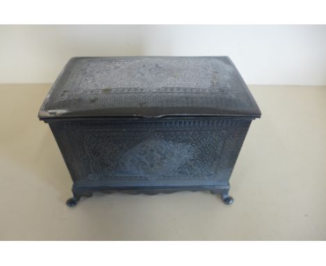 A late Victorian white metal tea caddy, with two section interior, wear to plate on exterior 