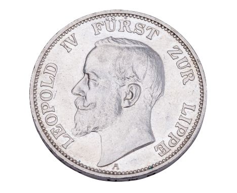 Deutsches Reich / Lippe - 3 Mark 1913, Fürst Leopold IV., J.79, ss, mit einem die Oberflächen verschliessenden Auftrag (Überz