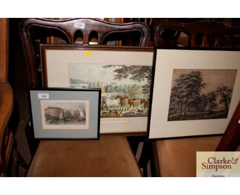 A print after Pollard "Preparing for the Chase", a study of Billingsgate Market and another print