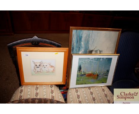 An Impressionist coloured print, another of a sailing ship and a watercolour of two dogs