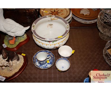 A Chinese blue and white tea bowl; a Chinese tea cup and saucer; a Copeland Spode chamber pot etc