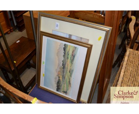 A coloured print "View in the South of France" after the original by HRH The Prince of Wales, with a label for the Phoenix Tr