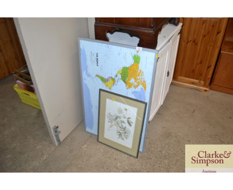 A coloured world map and a pencil signed limited edition print by M McMinture