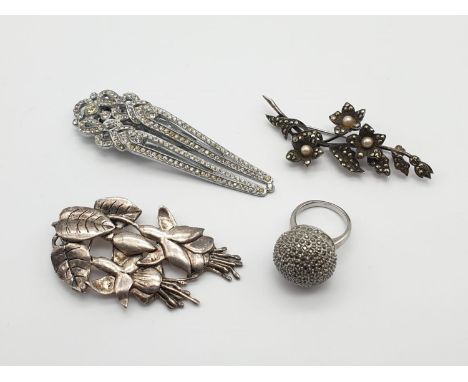 Three Costume Jewellery Brooches and a Dress Ring. White Metal and CZ Decoration. Ring - k 1/2 