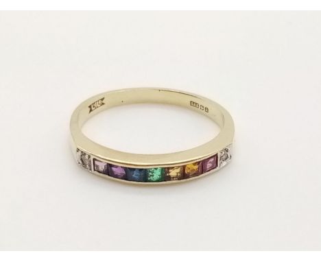 14k yellow gold vintage half eternity ring with multi colour gemstones, weight 1.7g and size K 