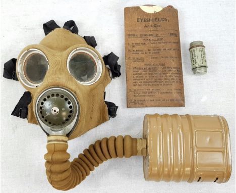 1938 Dated British Army Gas Mask and Case. Inc a demisting kit and anti gas eye shield goggles. 