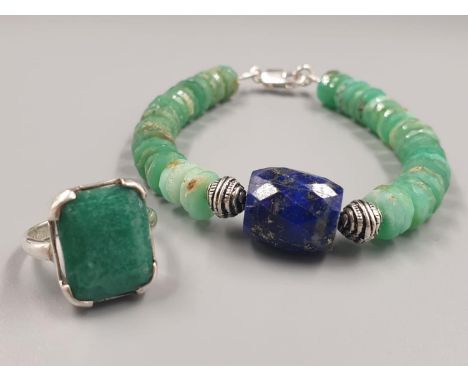 A collection of Chrysocolla Gemstone Bracelet 19.5cm with Emerald ring in sterling silver Size M/N 