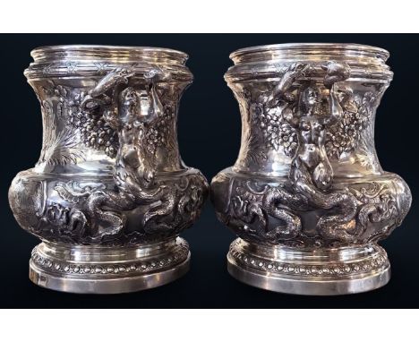 19th Century pair of German Hanau solid Silver wine / champagne coolers, each exceptionally decorative and ornamental, with f