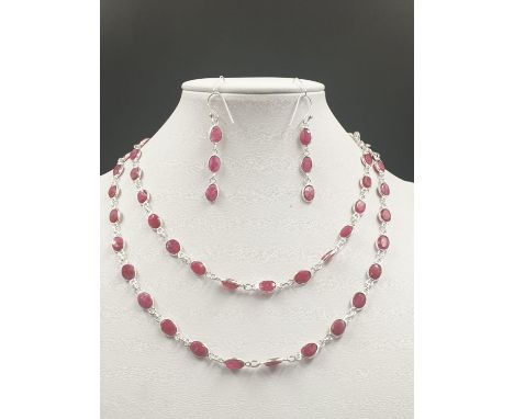 Ruby Gemstone Long Chain necklace 28 inches with dangler earrings 