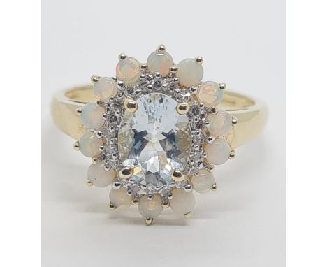 9k Yellow gold OPAL &amp; BLUE TOPAZ CLUSTER RING, weight 4g size V 