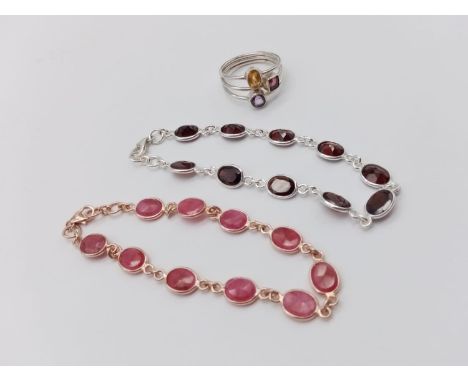 A ruby chain bracelet, Garnet bracelet and three stone ring SIZE O in 925 silver 