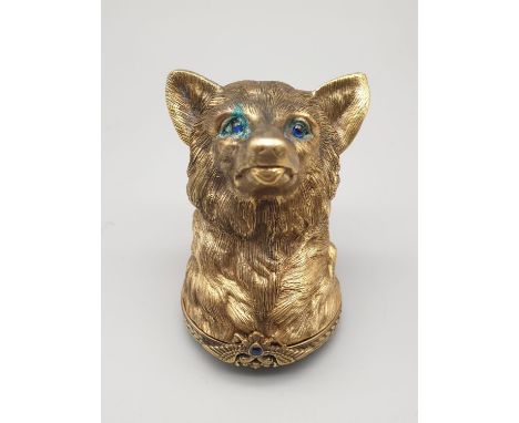 Russian silver gilt enamel diamond wolf snuff box with sapphire eyes 135.6gms 6cms from nose to base.