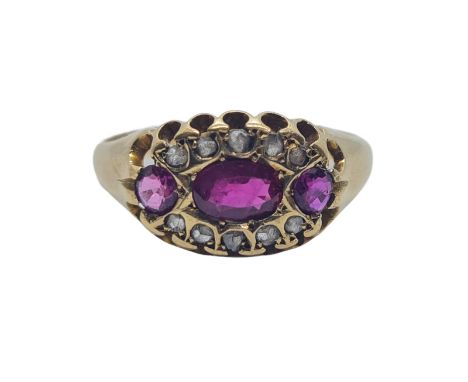 Georgian 18k yellow gold antique ring with trilogy ruby and decorated with diamonds surrounding, weight 3.1g and size N1/2 