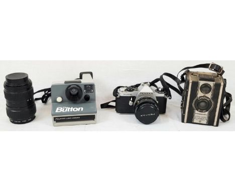 Three Vintage Cameras. Coronet D-20. Pentax ME Super and a Polaroid Instant Camera. Plus a Skylight Zoom Lens. As Found. 