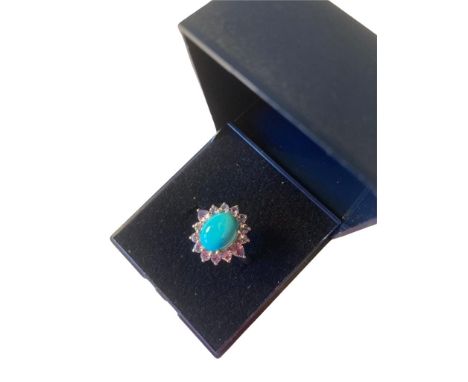 Stone set Silver Ring having Tanzanite surround with speckled turquoise centre stone in a Silver four claw mount.Size M. 