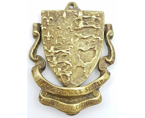 Finely Crafted Antique Brass Black Prince's Shield Door Knocker. The inscription on the bottom reads - Canterbury Cathedral. 