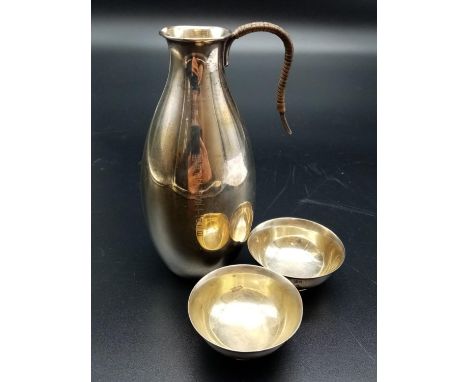 Early Solid Silver Japanese Signed Meije Saki Set. Jug and Two Cups. Jug height - 12.5cm. 116g
