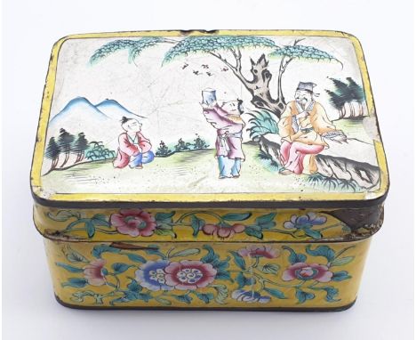 AN 18TH CENTURY CHINESE ENAMELLED TIN TRINKET BOX . WITH AGE RELATED WEAR AND SOME ENAMELLING MISSING 