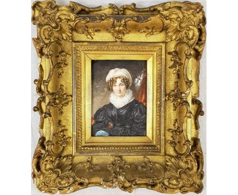 A VERY EARLY MINIATURE PORTRAIT IN OIL BY UNKNOWN ARTIST IN ORIGINAL ORNATE FRAME. (SLIGHT DAMAGE ON FRAME)