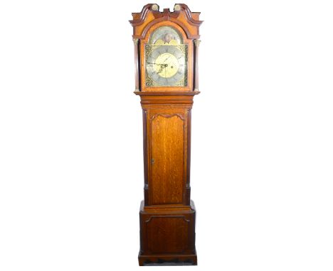 A George III oak and mahogany longcase clock, signed Matthew Tootell, St. Helen, arched brass dial with a moonphase, subsidia