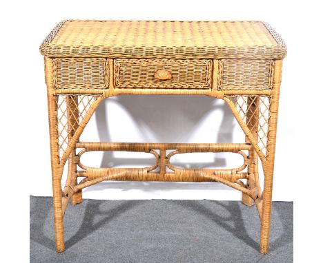 A modern rattan side table, single frieze trinket drawer, width 79cm, depth 42cm, height 77cm.