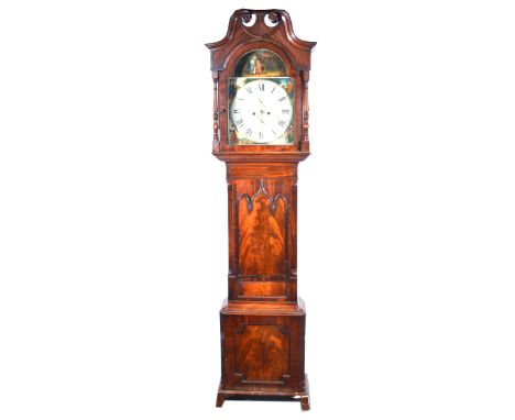 A Georgian mahogany longcase clock, signed Yeomans, Nottingham, arched painted 15-inch dial with four seasons, eight day move